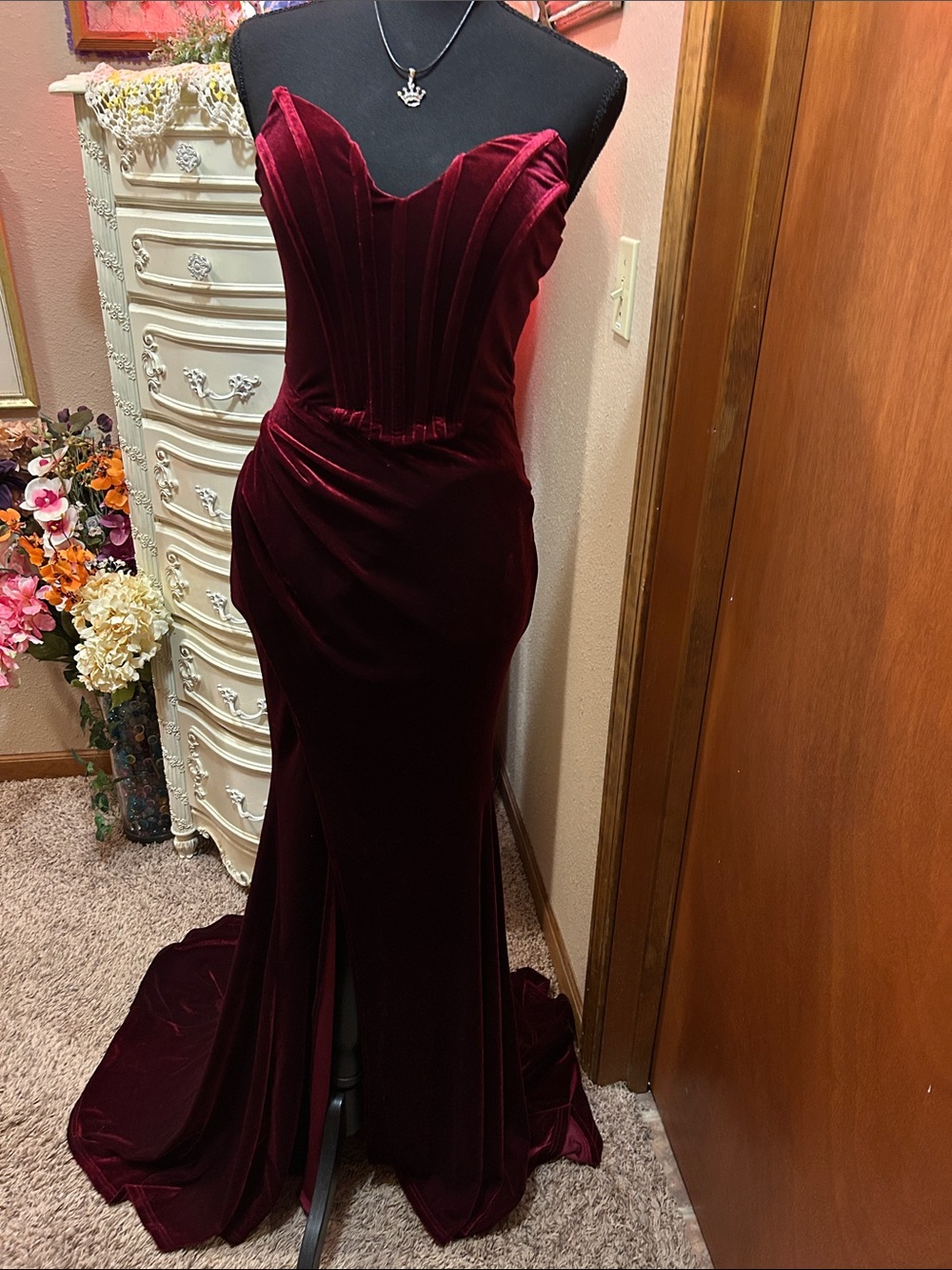 Strapless Velvet Evening Gown - Burgundy